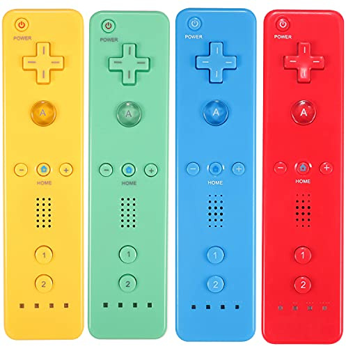 Wii Controller 4-Pack Wii Remote Control with Silicone Case and Wrist Strap Compatible with Wii/Wii U Console - Yellow + Green + Blue + Red