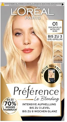 L'Oréal Paris Permanente Haarfarbe zum Blondieren der Haare, Haarfärbeset mit Coloration und Farbglanz-Pflegebalsam, Préférence Le Blonding, 01 Sehr helles natürliches Blond, Multipack