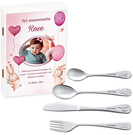 Maverton Set de couverts personnalisé dans boîte en bois imprimée - Thème Animal - Cadeau d'anniversaire personnalisé - Pour filles - Cadeaux bébé - Coutellerie gravée - Photo 4