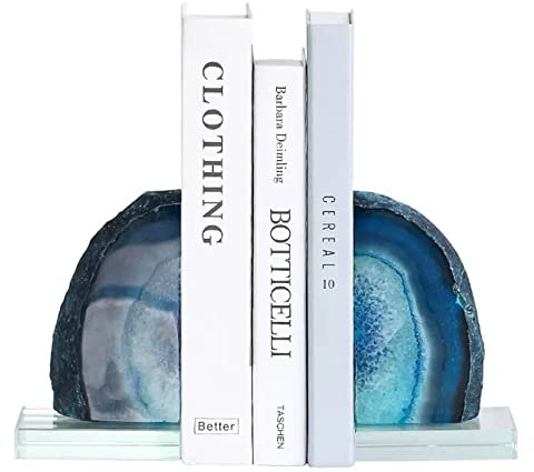 BinOxy Book Ends 1 Paar Stein-Buchstützen, Achat-Buchhalter, Kristall-Buchstützen for Büro, Dekoration und Zuhause, blau gefärbt, mit Sockel, blau Buchstützen