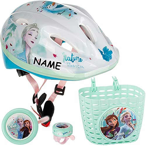 alles-meine.de GmbH 3 TLG. Set: Kinderhelm + Fahrradklingel + Fahrradkorb - Frozen - die Eiskönigin - incl. Name - Gr. 52-56 - Circa 3 bis 15 Jahre - Größen Verstellbarer -..