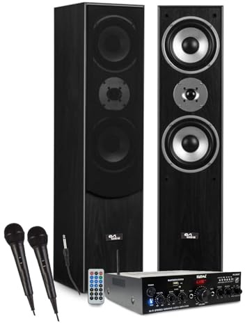 Evidence Acoustics Colonnes Son HiFi/Home-CINÉMA EA700-BK - 1000W PMPO, Ampli stéréo 2x50W, USB Bluetooth, FM, 2 Micros karaoké
