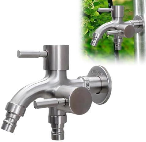 HAMON 1/2 Zoll Doppel Wasserhahn, Universal Doppel Auslaufhahn Edelstahl Wasserhahn Garten Doppelter Auslauf Doppelventil für Waschmaschine, Garten, Küche, Bad (Typ 1)