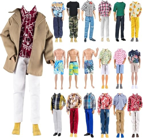 IMAGINE 10-teiliges Trenchcoat-Paket = 5 Sätze Mode Freizeitkleidung Kleidung Outfit für 12 Zoll Junge Puppe Zufälliger Stil (Khaki Lange Jacke Mantel + Freizeitkleidung + Badehose)
