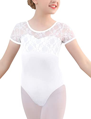 Happy Cherry Ballett Trikot Mädchen Ballettanzug Kinder Kurzarm Tanzbody Baumwolle Ballettkleidung Teenager Ballettbody Turnanzug Gymnastikanzug Weiß 11-12 Jahre