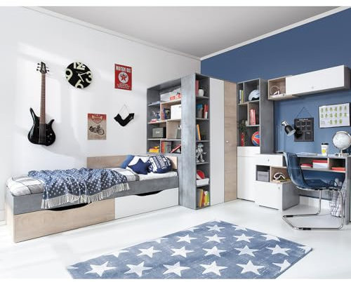 Lomadox Jugendzimmer Set 5-teilig mit Jugendbett 120x200cm, begehbarer Kleiderschrank, Regalschrank, Wandregal, Schreibtisch in Beton weiß Eiche modern