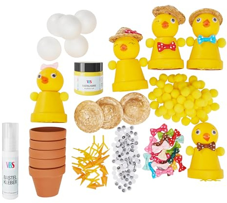 VBS Bastelset Tontopf-Küken 5 STK 10 cm Terrakotta Styropor Kunststoff Polyester Stroh Frühjahr Bastelset DIY Deko Osterdeko Bastelbedarf Kreativset