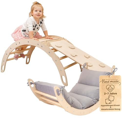 WoodsCraft Kletterbogen mit Kissen & 2in1: Rutsche Indoor/Kletterrampe | mit hypoallergen Kissen für Kletterbogen, holz Montessori Klettergerüst indoor spielgeräte, Babyrutsche & Rampe
