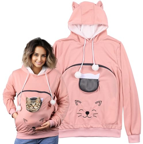 HOMELEVEL Pullover Katzentasche - Katzen Hoodie mit Tasche - Hoodie mit Katzentasche warm - Pulli mit Hundetasche - Pullover mit Katzentasche Damen - Katzentragepullover