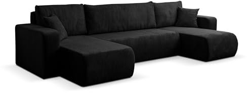 VENASI MÖBEL Ecksofa mit Schlaffunktion und Bettkasten Luna U-Form Sofa Eckcouch Schlafsofa (Schwarz)