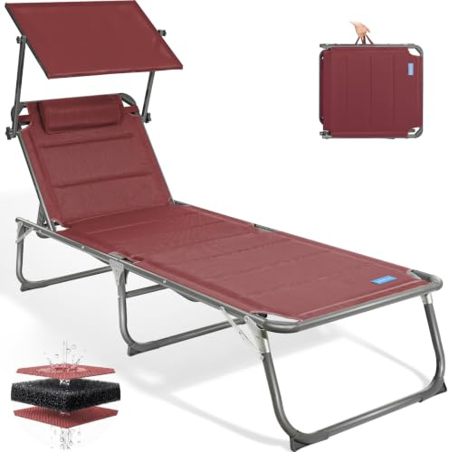 Homecall Sonnenliege Klappbar mit Dach, Kopfstütze, Bis 180 kg, 200x70 cm | mit 5-fach verstellbare Rückenlehne, Quick-Dry-Schaumstoff, Luxus Gartenliege Wetterfest, Aluminiumgestell für Garten, Balkon