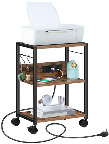 MAHANCRIS 3-Tier Mobile Printer Table, Printer Stand with Power Outlets and USB Ports, Home Printer Shelf with 2 Hooks, for Office and Living Room, Rustic Brown (42 x 28 x 60 cm) APTHR40KE01