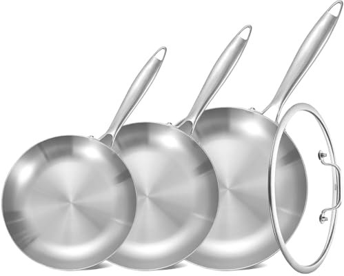 Inqibee Set di padelle in acciaio inox a tre strati con coperchio e pentole, lavabile in lavastoviglie e in forno, manico staccabile