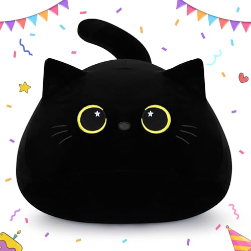 18,9 Zoll Groß Schwarze Katze Plüschtier, Weiches Stofftier Katze Kuscheltier, Kawaii Kopfkissen Gefüllte Katze Puppe Tier Kissen Süße Dekoratives Kissen Halloween Weihnachten Geschenk (Gold)