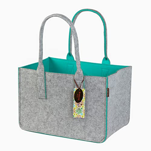 RAIKOU KULT Filz-Tasche Shopper NEU Filzkorb Einkaufstasche Henkeltasche Zeitungskorb Stabile Kaminholztasche Zeitungsständer auch für Spielzeug Garten Picknick Strand 40 * 27 * 27 Grau/Grün