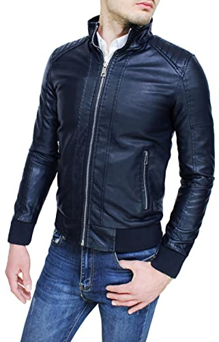 Evoga Giubbotto giacca uomo casual nero slim fit in ecopelle giubbino bomber moto chiodo
