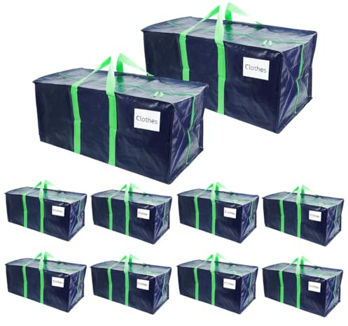 VOUNOT® Pack de 10 Bolsas de Mudanza Grandes con Asas y Correas de Mochila, Bolsas de Almacenamiento Resistentes para Guardar Ropa y Embalar, Azul