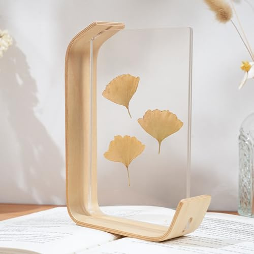 WAZUBC Marco de Madera para Herbario, Marco de Madera Acrílica para Flores Prensadas Hojas Secas Mesa de Escritorio Decoración de Pared Acrílico de Doble Cara (14 x 21 cm, color madera)