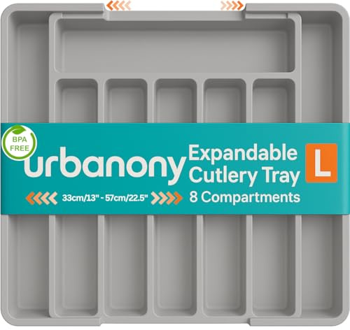 Urbanony Large Cutlery Drawer Organiser Expandable, 33-57x38cm Utensil Tray with 8 Compartments, multi-use 0rganizer, Kitchen Drawer Divider for Spoons, Forks, Knives, Silverware Storage, Grey