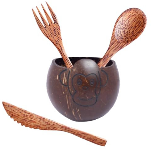 M1SS Coconut Shell Kids Serving Bowl with 3 pcs Cutlery Spoon, Fork & Knife for Snacks, Salads, Smoothie, Nuts & Chips | Eco-Friendly Animal Design - 350 ML (Set of 2) (Monkey Bowl + Cutlery)