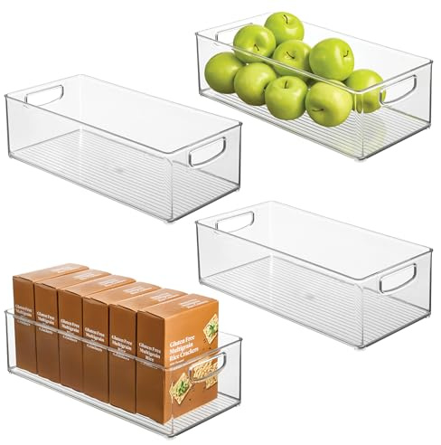 Plastic Stackable Pantry Bin - Organizer Bin with Handles for Cabinets or Fridge - Set of 4 - Clear