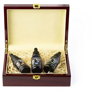 Demateraliz Care Bartöl Geschenkset, 3 Düfte (Sweet Orange, Minze, Zedernholz), Luxus-Holzbox