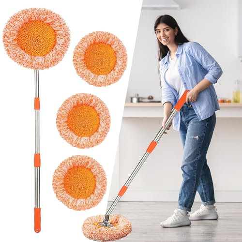 Wall Cleaning Mop with Long Handle, 360° Rotatable Adjustable Microfiber Mops, Extendable Walls Cleaning Brush with Heads Replacement, Dry and Wet Cleaner for Wall Car Window Floor (3 Mop Heads)