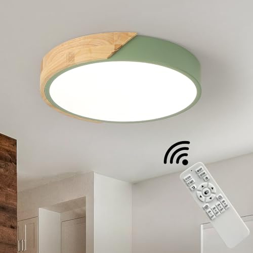 HTsilphelene Wooden Ceiling Light,11.8in Wood Flush Ceiling Lights with Acrylic Lampshade,Dimmable Light Fitting Ceiling for Living Room Bedroom Kitchen Lounge Hallway (Green,30CM)