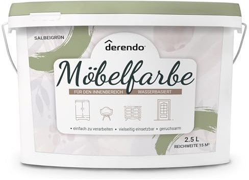 derendo Möbelfarbe Holzfarbe für Innen – Ohne Schleifen, Kratzfest & Hochdeckend – Wasserbasierter Lack für Möbel, Türen & Küchen – Emissionsarm & Pflegeleicht Salbeigrün, 2,5 Liter