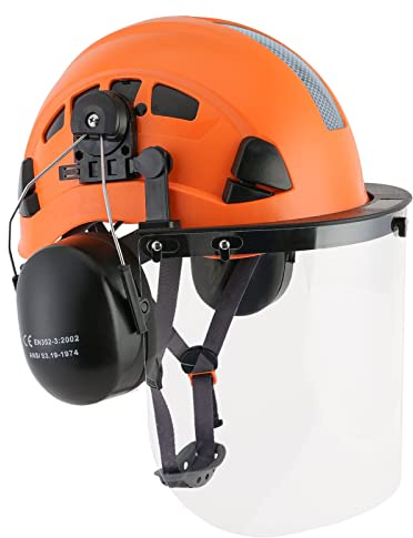 Forestry Safety Chainsaw Helmet with Plastic Face Shield and Ear Muffs for Tree Logging Cutting Wood Chopping Arborist Helmet Garden Work Lawn Mowing(P93 Orange+PC Shield+Earmuff)