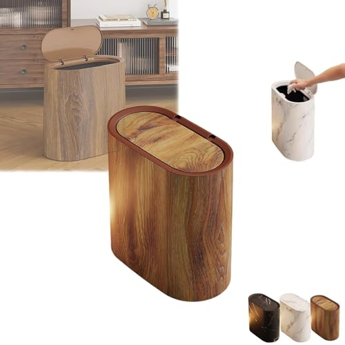 Poubelle de salle de bain avec couvercles, poubelle en plastique à motif marbre bois, petite poubelle avec couvercle, corbeille à déchets étroite moderne pour cuisine, salon, salle de bain, maison