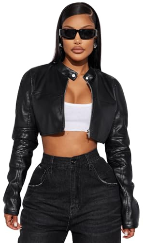 Charyeah Women's Fashion Faux Leather Jacket Crop Short Cropped PU Slim Zip Up Moto Biker Coat Motorcycle Jackets Coat (US, Alpha, Large, Regular, Regular, Black)