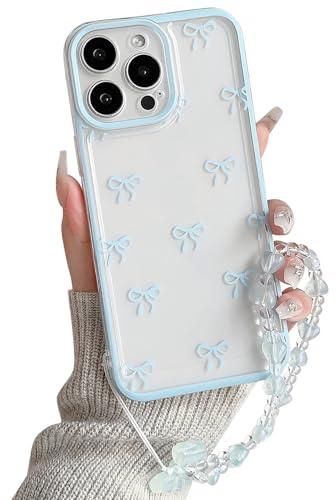 NITITOP for iPhone 13 Pro Max Case Cute Clear Bow Chain,Blue | for Women Girls, Aesthetic Bowknot Ribbon Design, with Wrist Strap, Soft TPU Shockproof Cover, Full Camera Protection