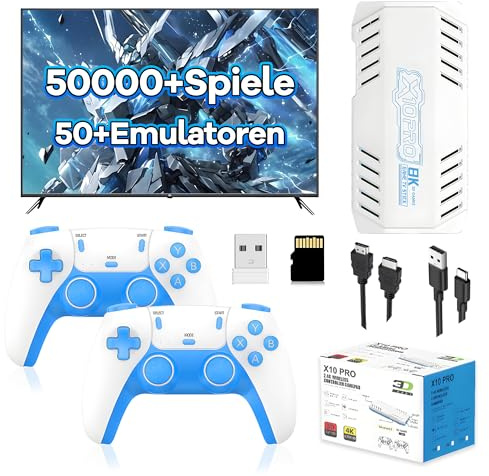 X10 Pro Retro Spielekonsole 128G, Spiel Stick mit 50000+ Integrierten Retro Spielen und 50+ Emulatoren, Plug and Play Video Emulator Spiel Stick mit 2 x 2,4G Kabelloser Controller für TV (Blau)