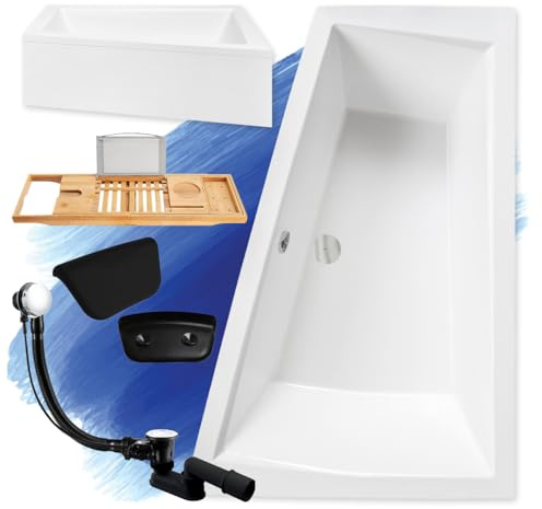 BADLAND Premium Set 7in1 Badewanne Eckwanne Acryl Weiß Wanne INTIMA 180x125 cm Rechts, Made in EU + AcrylSchürze + Bambus Badewannenablage + 2 Nackenkissen,Moderne Design, mit Ablauf und Füßen