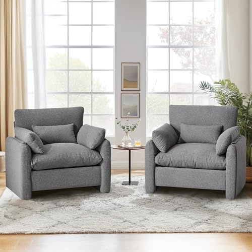 Ckaff 2er Set Extragroß Ohrensessel Sessel Wohnzimmer, 93.5cm Polstersessel Fernsehsessel Einzelsofa mit Abnehmbares Armlehne & Wurfkissen, Einzelsofa für Wohnzimmer Schlafzimmer, Dunkelgrau