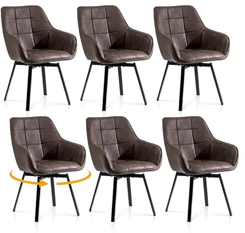 TUKAILAI 6er Set Esszimmerstuhl Drehbar 360° Kunstleder Armlehne, Braun | Esszimmerstuhl 360° drehbar für Küche, Homeoffice, Büro, Wohnzimmer – Ergonomisch, 7cm Kaltschaum, 150kg, Schnell montiert