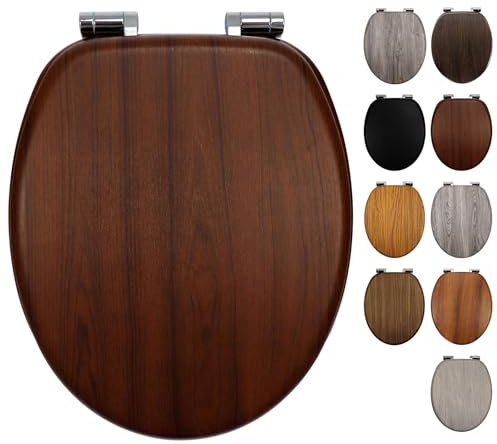 Fanmitrk Traditional Wooden Toilet Seat Soft Close, MDF Adjustable Hinges with Bottom Fixture,Easy to Clean and Install for Bathroom 43.5 x 37.3 x 5.5 cm (JHE171-1A-01)