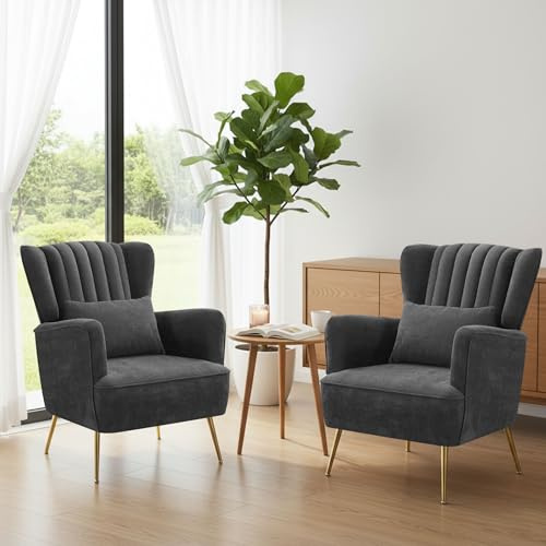 Chenille Accent Chair Set of 2 with Lumbar Pillow, Modern Wingback Chair for living room with Metal Legs, Upholstered Arm Chair with Thick Cushion, Reading Chairs for bedroom, Comfy Sofa Chair, Grey