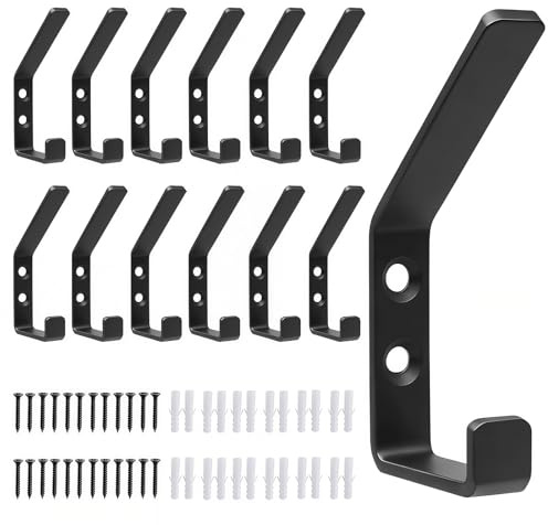 Kozdtiz 12 Stück Schwarz Doppelter Garderobenhaken 12,6 mm Metall Haken | Garderobenhaken aus einer hochwertigen Aluminiumlegierung, er ist robust und langlebig mit 24 Schrauben und 24Schwellplastik
