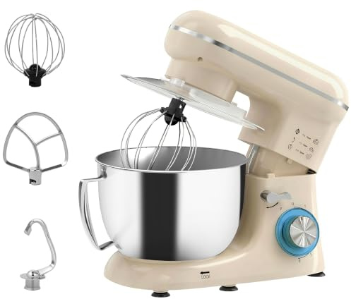 HOMCOM Batidora Amasadora 4,5L Amasadora de Pan 1300W Batidor Beige | Amasadora Repostería, 6 Velocidades, Bol de Acero Inoxidable, Gancho, Varilla, Protector contra Salpicaduras