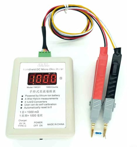 HEIBTENY YMC01 - Medidor de miliohmios CC de mano con medición Kelvin de cuatro cables, probador de baja resistencia para bobinas de transformador, bobinados de motor y cables electrónicos (clip