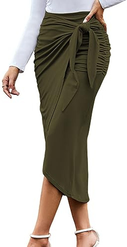 MAYFASEY Women's Ruched Wrap Maxi Skirt High Waist Tie Front Midi Pencil Skirts with Slit, Army Green L