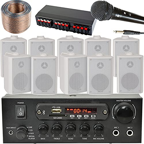 Système de musique PA Bluetooth 5 zones | 10 haut-parleurs muraux blancs | Achetez le kit de son amplificateur d'adresse publique Tannoy | Lecteur audio stéréo sans fil | Restaurant Bar Speak Talk