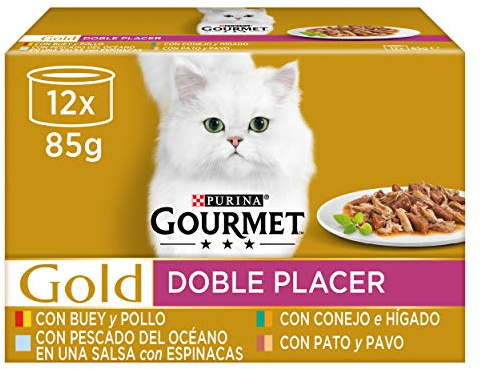 GOURMET Gold Doble Placer, Comida Húmeda para Gato Adulto, Trocitos en Salsa, Surtido de Pato y Pavo, Buey y Pollo, Conejo e Hígado y Pescado del Océano, 8 Packs de 12 Latas de 85 g. (96 latas)