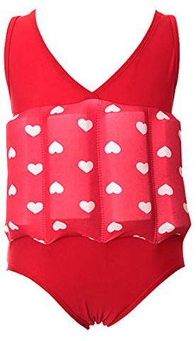 IDOPIP Girls & Boys Red Heart Floatation Swimsuit with Adjustable Buoyancy, One Piece Sleeveless Swim Vest Aid Jacket, 5-6 Years (Chest: 25.0 / 64cm, Length: 17.0 / 43cm), Red + Heart