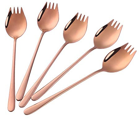 Buyer Star Rose Gold Sporks 2 in 1 Spoons Forks 5 Pieces Stainless Steel Reusable Metal Korean Soup Dinner Spoons Camping Flatware