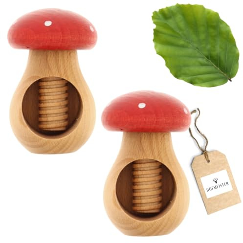 2X HOFMEISTER® Nussknacker Holz Pilzform Fliegenpilz – Walnüsse knacken mit wenig Kraft, Schraubgewinde, Buche, 10 cm, Handarbeit