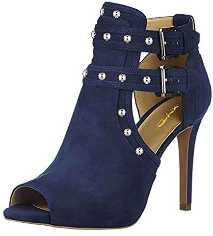 XYD Women Chic Studs Peep Toe Ankle Bootie High Heel Pumps Buckled Double Straps Cutout Fashion Party Shoes (Navy, Size 9)