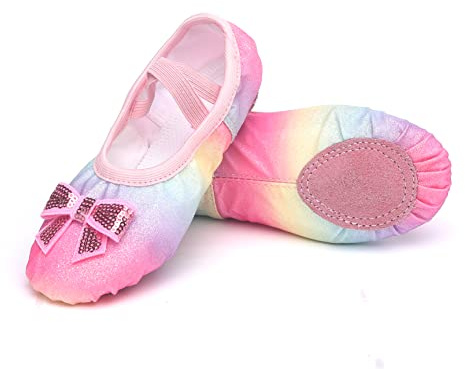 Girls Ballet Shoes Glitter Split-Sole Dance Slippers Toddler Kid Practice Shoes Flats Soft Lightweight with Elastic Laces for Performance Gymnastics Yoga Glitter Rainbow 8